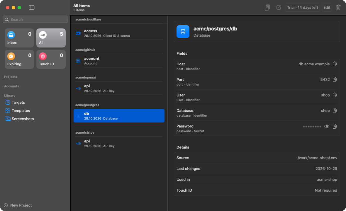 The Secretariat main window with demo data: a sidebar with Inbox, All, Expiring and Touch ID, a list of items such as acme/stripe/api and acme/postgres/db, and the database item open with host, port, user and database shown and the password hidden.
