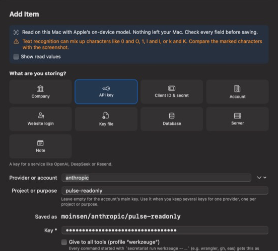 The Add Item dialog after reading a demo screenshot: a note says it was read on this Mac with Apple's on-device model, a warning asks to compare look-alike characters, and kind API key, provider anthropic, project pulse-readonly and the hidden key are filled in.